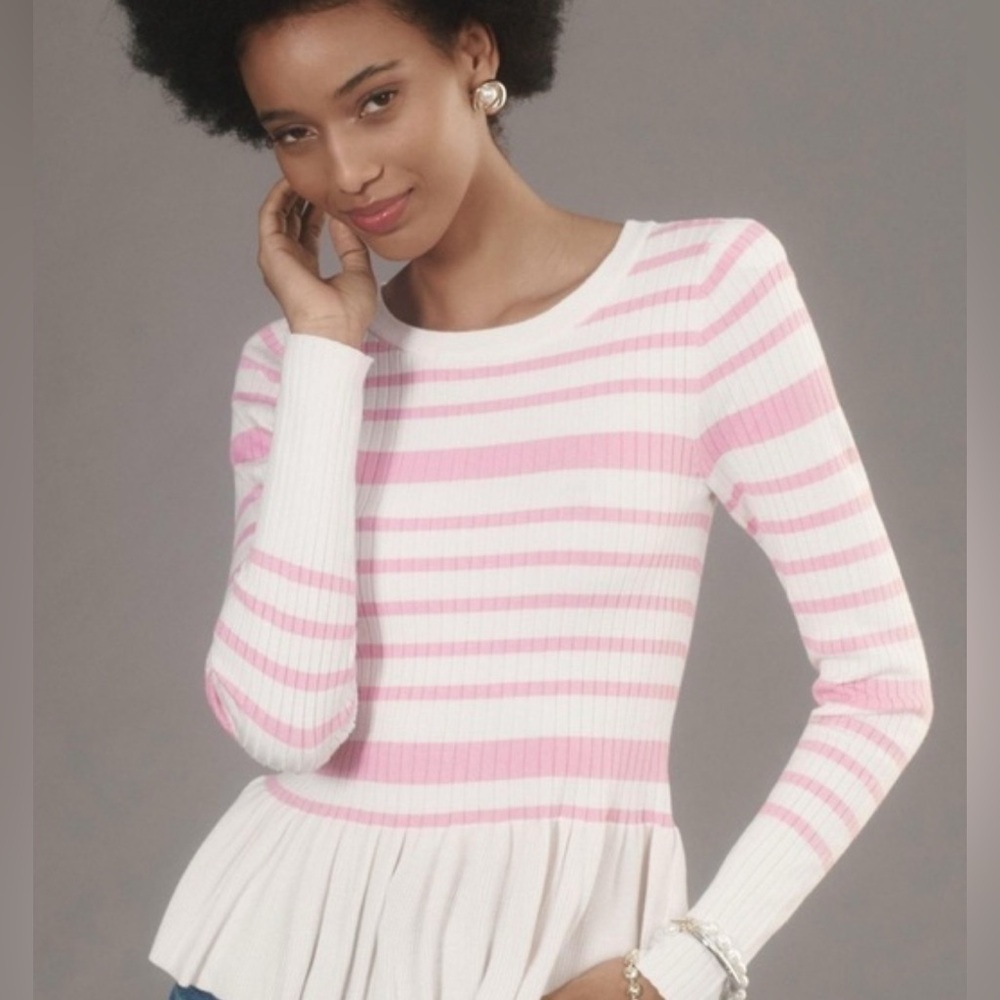 ANTHROPOLOGIE - Maeve - Peplum Sweater. Pink/White. XL